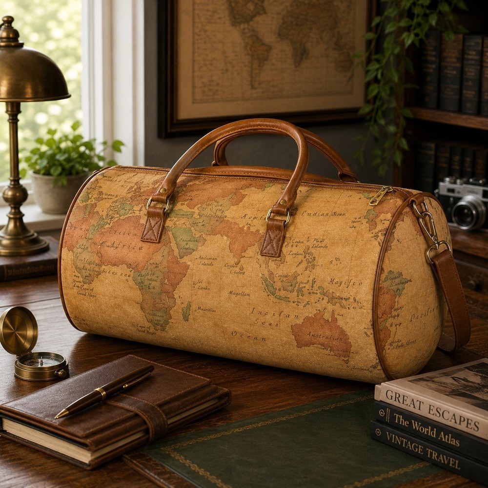 Vintage 1980s Magellan World Map Duffel Bag 20" Barrel Weekender Carry On